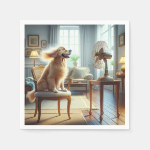 Golden Retriever sitzend vor dem Lüfter Serviette