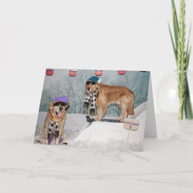 Golden retriever-Ski fahrender Geburtstag Karte (Vorderseite)