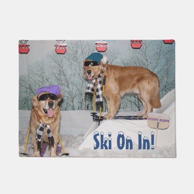 Golden retriever-Skifahrer-Ski an im Willkommen Fußmatte (Vorderseite)