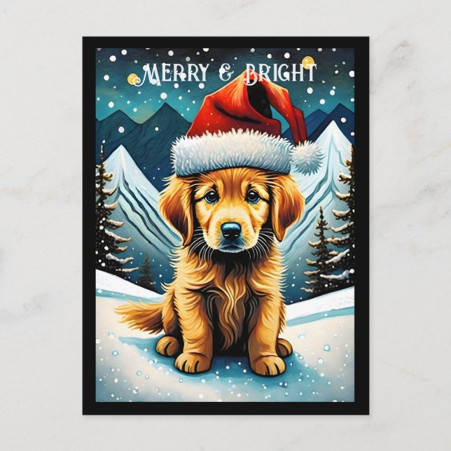Golden Retriever Snowy Mountain Santa Puppy Postkarte (Vorderseite)