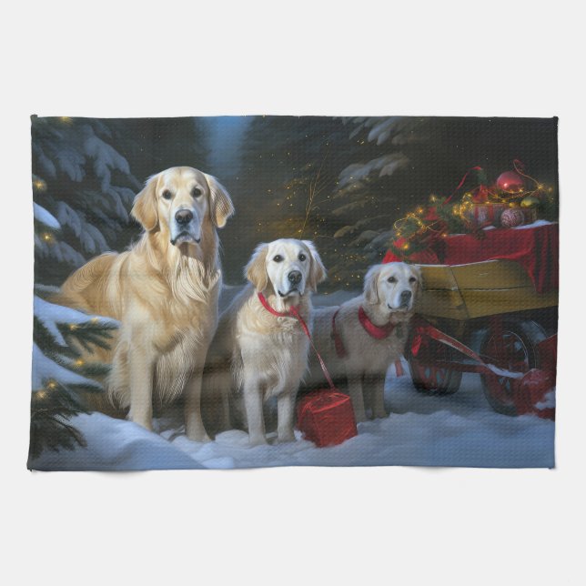 Golden Retriever Snowy Sleigh Weihnachtsdekor Geschirrtuch (Horizontal)