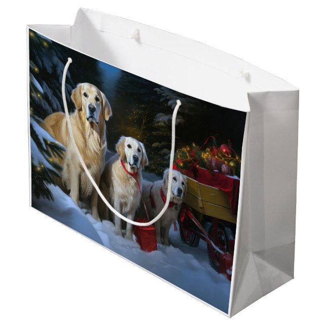 Golden Retriever Snowy Sleigh Weihnachtsdekor Große Geschenktüte (Rückseite Schrägansicht)