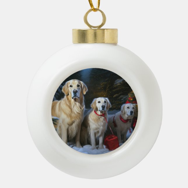 Golden Retriever Snowy Sleigh Weihnachtsdekor Keramik Kugel-Ornament (Vorderseite)