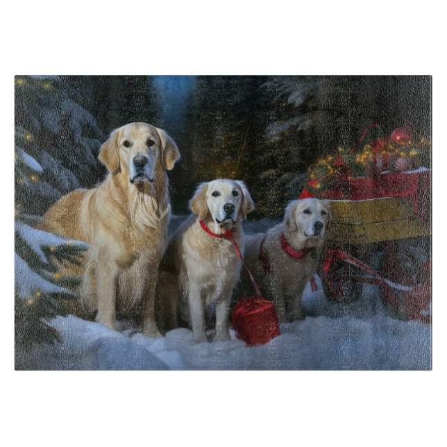 Golden Retriever Snowy Sleigh Weihnachtsdekor Schneidebrett (Vorderseite)
