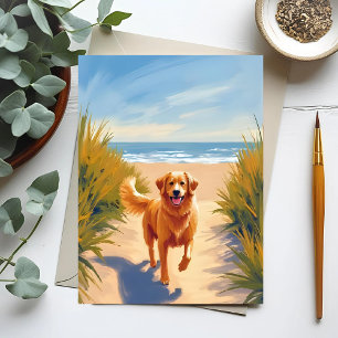 Golden Retriever Strandweg   Ozean Hund Haustier Postkarte