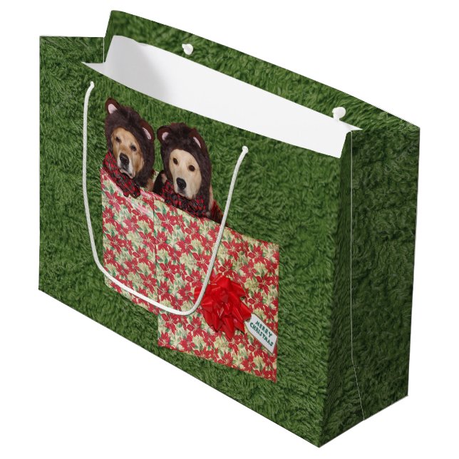 Golden Retriever Teddy Bears in einem Weihnachtsge Große Geschenktüte (Vorderseite Schrägansicht)