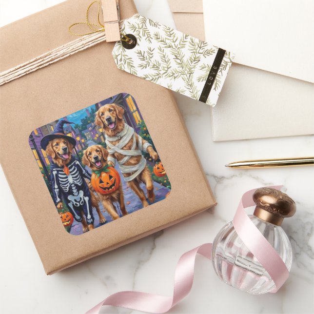 Golden Retriever Trick-or-Treating Halloween Quadratischer Aufkleber (Schenken)