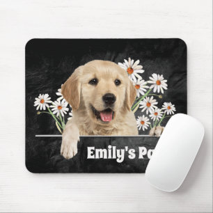 Golden Retriever und Daisies on Black Leather Mousepad