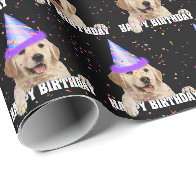 Golden Retriever und Geburtstagskaffetti Geschenkpapier (Rolleneckpunkt)