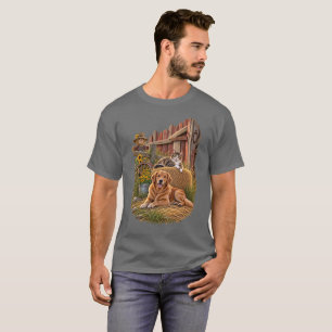 Golden Retriever und Katze Rustikale Scheunen-Szen T-Shirt