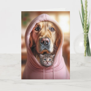 Golden Retriever und Kitten in Hoodie Karte