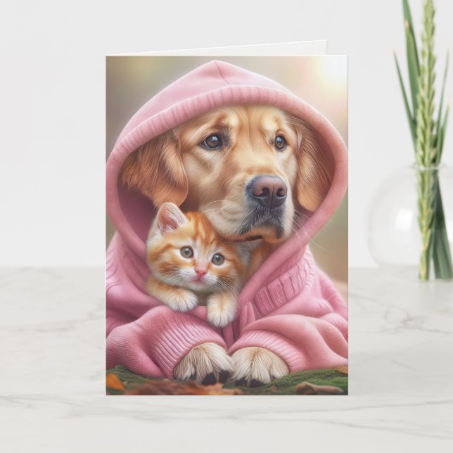 Golden Retriever und Kitten in Hoodie Karte (Vorderseite)