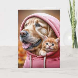 Golden Retriever und Kitten in Hoodie Karte
