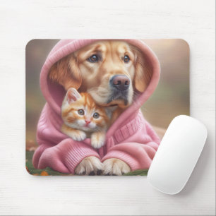 Golden Retriever und Kitten in Pink Hoodie Mousepad