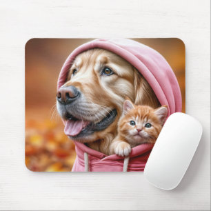 Golden Retriever und Kitten in Pink Hoodie Mousepad