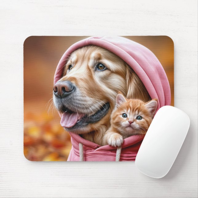 Golden Retriever und Kitten in Pink Hoodie Mousepad (Mit Mouse)