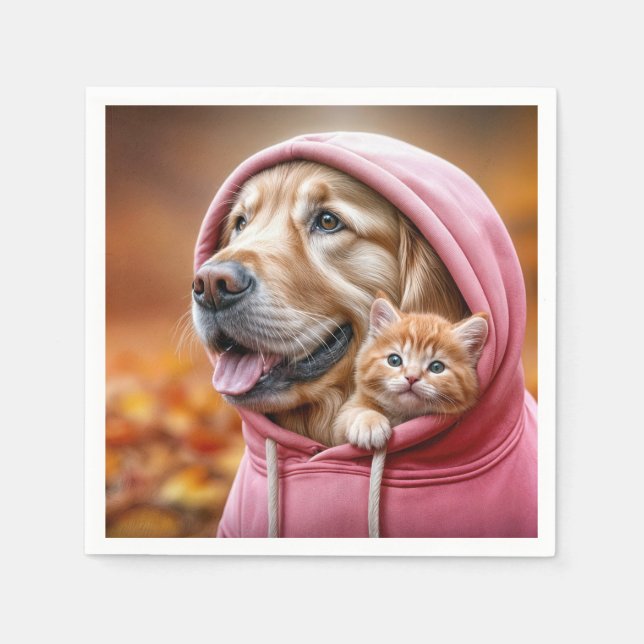 Golden Retriever und Kitten in Pink Hoodie Serviette (Vorderseite)
