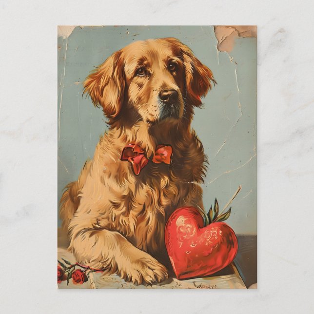 Golden Retriever Vintag Valentinstag Postkarte (Vorderseite)