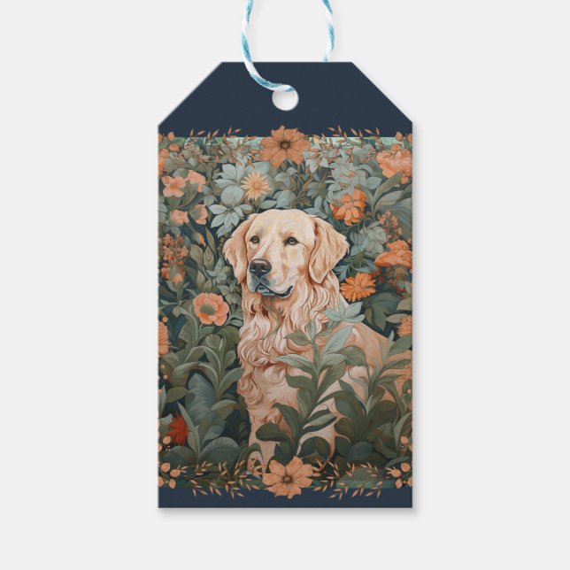 Golden Retriever Vintage Blumentapestes Geschenkanhänger (Vorderseite)