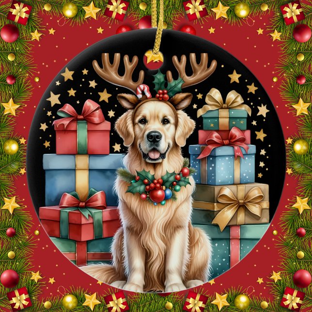 Golden Retriever Weihnachts-Rentier-Geschenke Keramik Ornament (Von Creator hochgeladen)