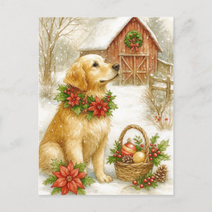 Golden Retriever Weihnachts-Wasserfarben-Postkarte Feiertagspostkarte