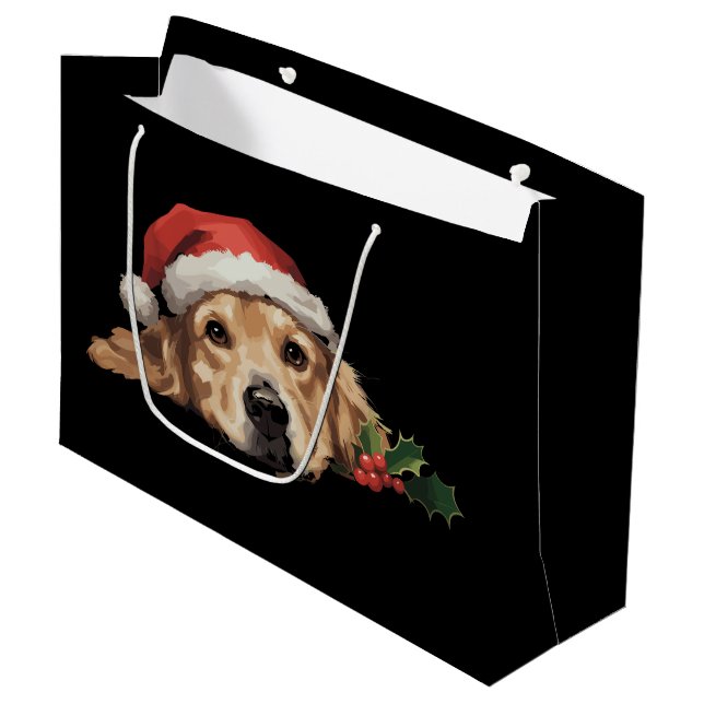Golden Retriever Weihnachts-Weihnachtsmannmütze Do Große Geschenktüte (Vorderseite Schrägansicht)