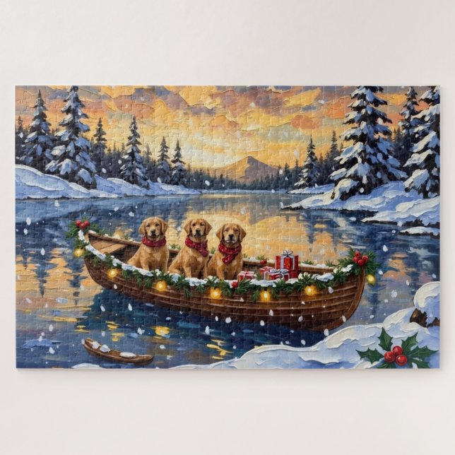 Golden Retriever Weihnachtsboot Urlaub Puzzle (Horizontal)
