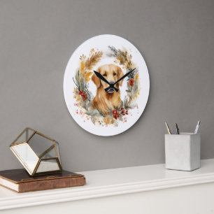 Golden Retriever Weihnachtskranz Festlicher Hund Große Wanduhr
