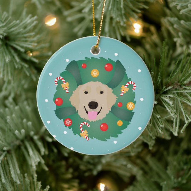 Golden Retriever Weihnachtskranz Keramik Ornament (Baum)