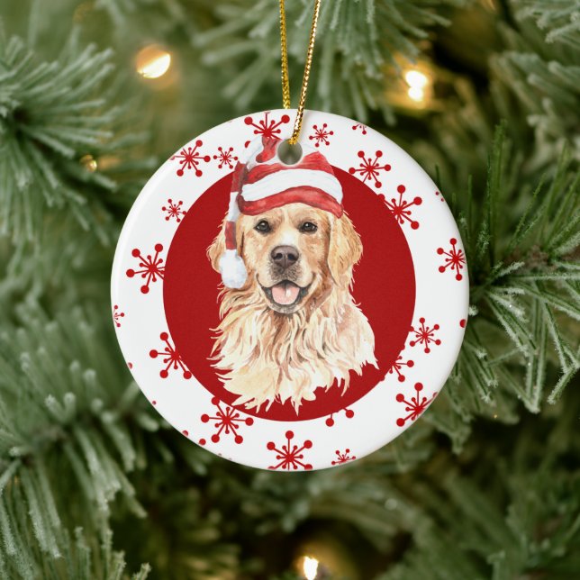 Golden Retriever Weihnachtsmannmütze Roter Schneef Keramik Ornament (Baum)