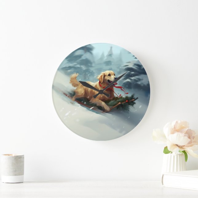 Golden Retriever Weihnachtsschnee Winter Große Wanduhr (Zuhause)