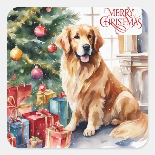 Golden Retriever Weihnachtswein Quadratischer Aufkleber (Vorderseite)