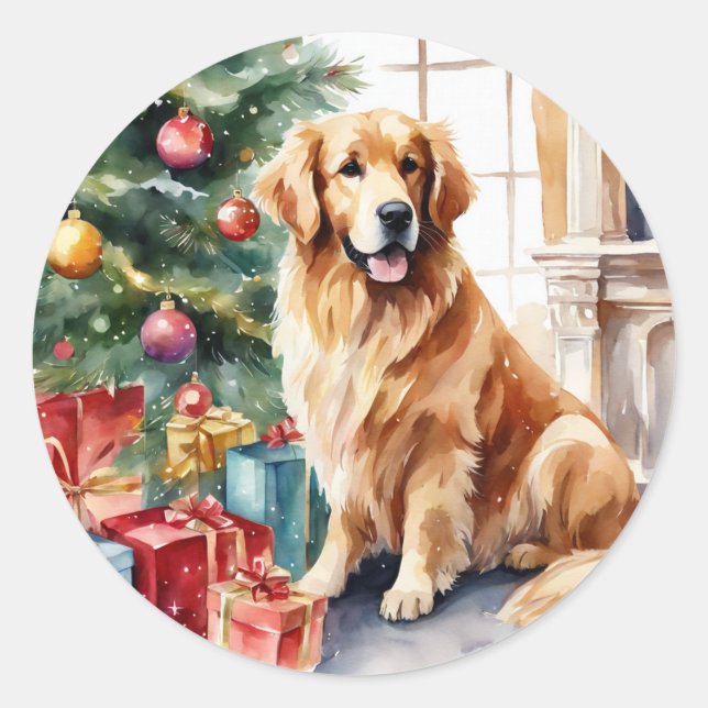 Golden Retriever Weihnachtswein Runder Aufkleber (Vorderseite)