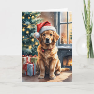 Golden Retriever Welpe am Weihnachtsbaum zur Weihn Karte
