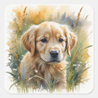 Golden Retriever-Welpe bei Sonnenuntergang Quadratischer Aufkleber