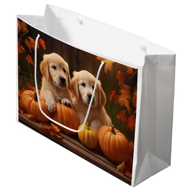 Golden Retriever Welpe Herbst Kürbis Große Geschenktüte (Vorderseite Schrägansicht)