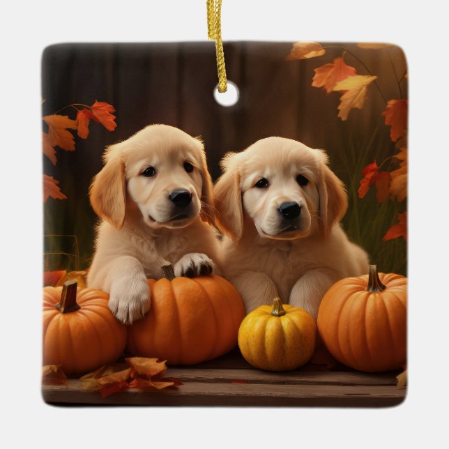 Golden Retriever Welpe Herbst Kürbis Keramikornament (Vorderseite)