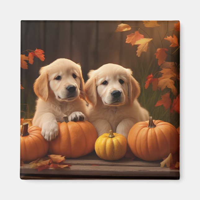 Golden Retriever Welpe Herbst Kürbis Magnet (Vorne)