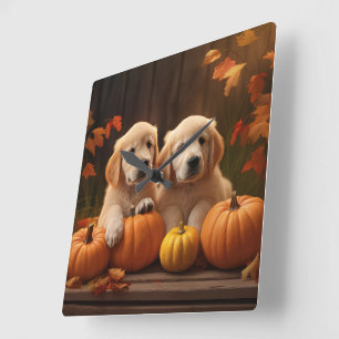 Golden Retriever Welpe Herbstfreude Kürbis Quadratische Wanduhr