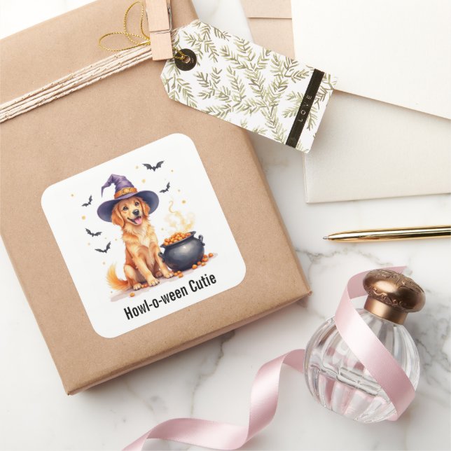 Golden Retriever Welpe Hexenmeister Halloween Wass Quadratischer Aufkleber (Schenken)