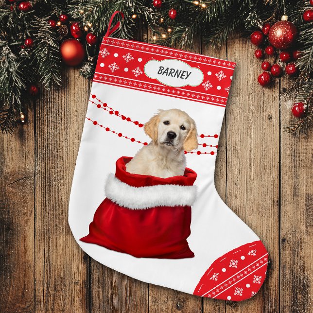 Golden Retriever Welpe Hund Snowflake Border Großer Weihnachtsstrumpf (Von Creator hochgeladen)