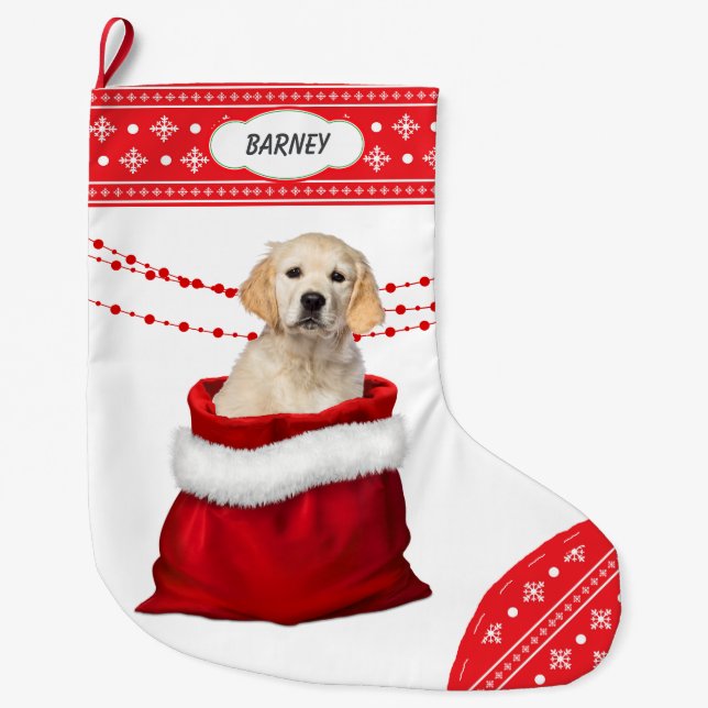 Golden Retriever Welpe Hund Snowflake Border Großer Weihnachtsstrumpf (Vorderseite)