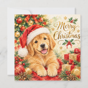 Golden Retriever Welpe im Weihnachtsmann-Hut. Weih Karte
