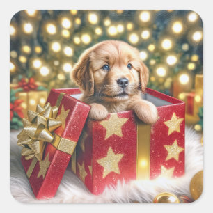 Golden Retriever Welpe in Christmas Box Quadratischer Aufkleber