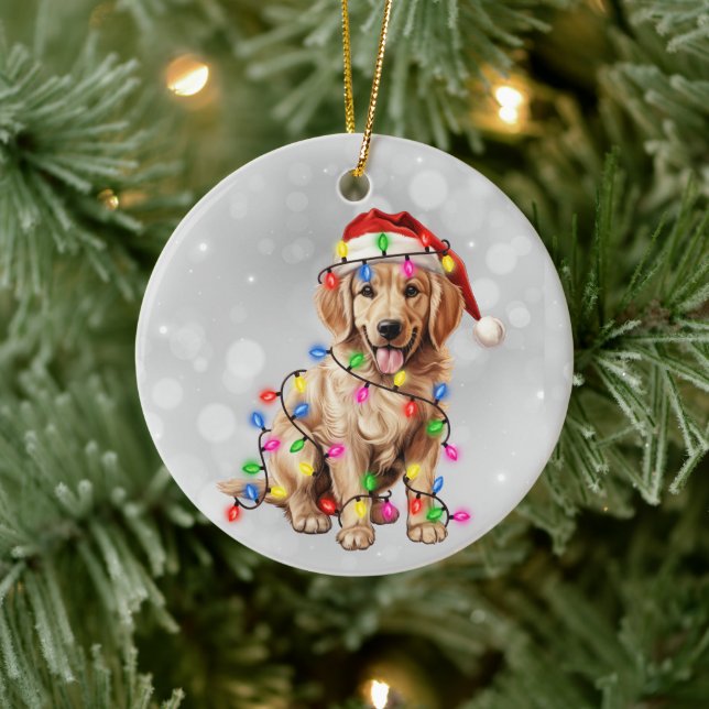 Golden Retriever Welpe in Weihnachtsbeleuchtung um Keramik Ornament (Baum)