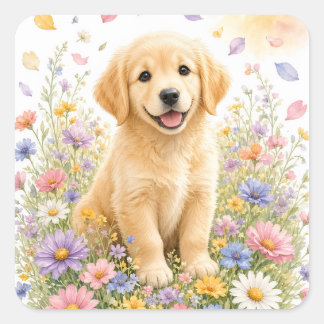 Golden Retriever Welpe in Wildblumen Quadratischer Aufkleber