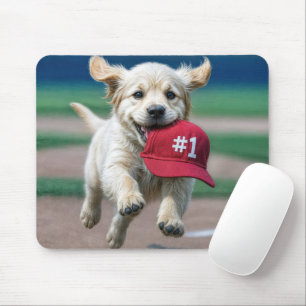 Golden Retriever Welpe mit #1 Red Baseball Cap Mousepad