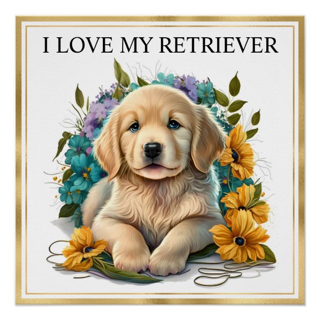 Golden Retriever Welpe mit Goldrahmen Poster (Vorderseite)