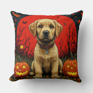 Golden Retriever Welpe mit Halloween-Kürbissen Kissen