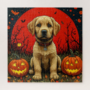 Golden Retriever Welpe mit Halloween-Kürbissen Puzzle